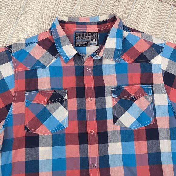 Urban Industry Men XXL Checkered Red Blue Short Sleeve Casual Button Down Shirt - Picture 5 of 8